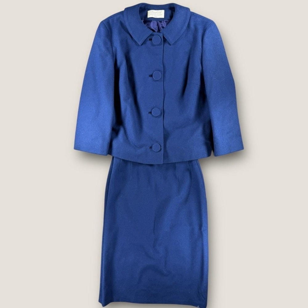 Vintage 60s Pendleton Wool Skirt Suit Blue Cropped Jacket Pencil Skirt VTG SZ 8